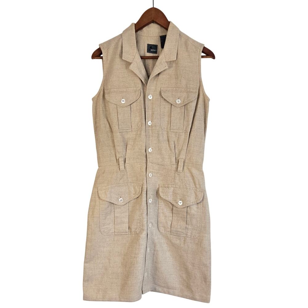 90s Vintage LizWear Quiet Luxury Linen Blend Tan Safari Utility Dress Size Small
